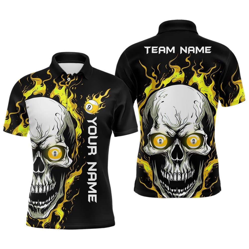 9 Ball Yellow Skull 3D Printed Billiard's Shirts Custom Pool Team Polo Shirts, Personalized Billiard Polo Shirt