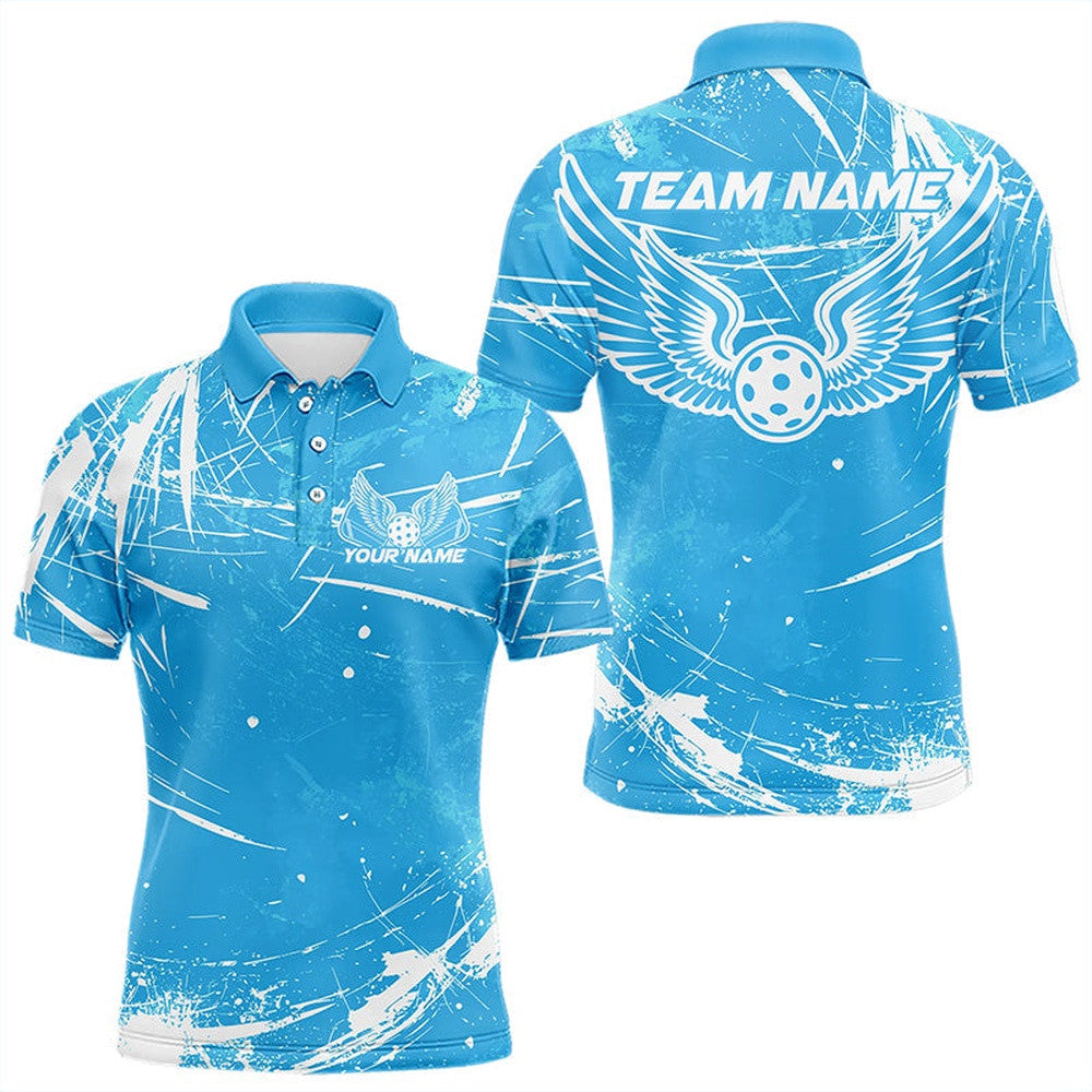 Blue And White Custom Pickleball Wings Polo Shirts For Men, Pickleball Tournament Team Shirt, Pickleball Polo Shirts