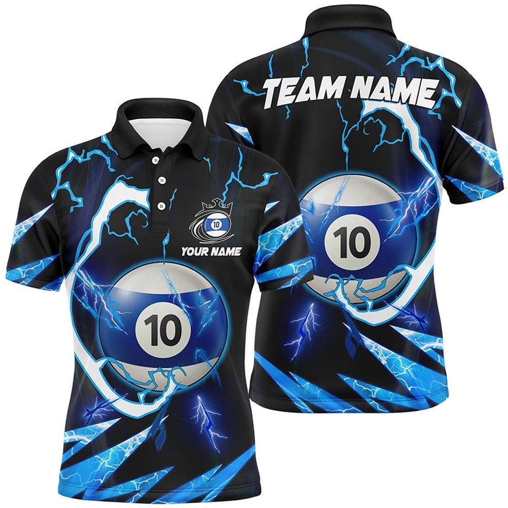 Blue 10 Ball Pool Thunder Lighting Polo Shirts Custom Billiard Team Shirts, Personalized Billiard Polo Shirt