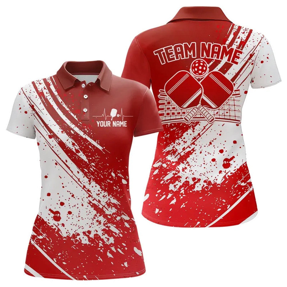 Custom Red And White Pickleball Polo Shirts For Women, Pickleball Heartbeat Pulse Line Shirt, Pickleball Polo Shirts
