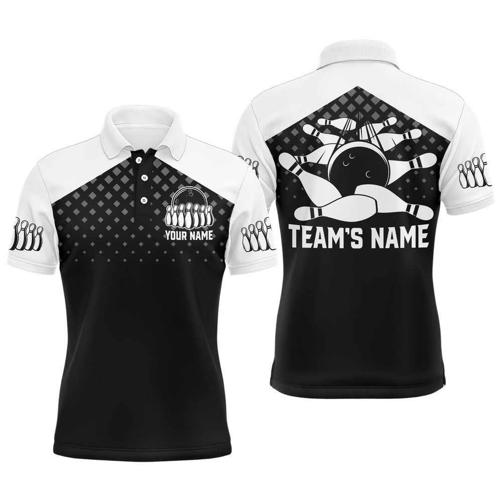Black&White Bowling Polo Shirt, Custom Name&Team Name Bowling Shirt Men, Funny Bowling Polo Shirt, Personalized Bowling Team Shirt