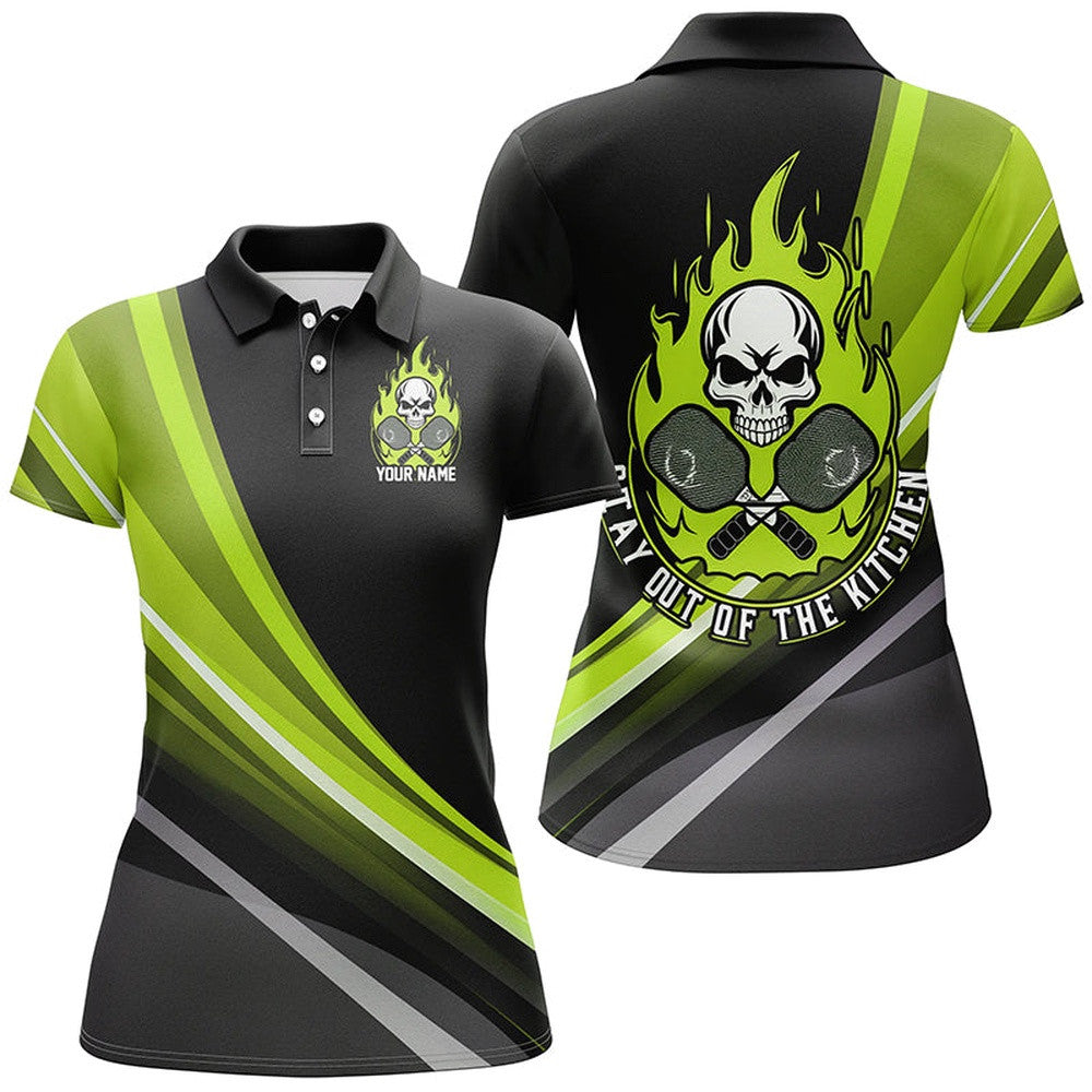 Custom Skull Women's Pickleball Polo Shirts Stay Out Of The Kitchen Pickleball Green, Pickleball Polo Shirts