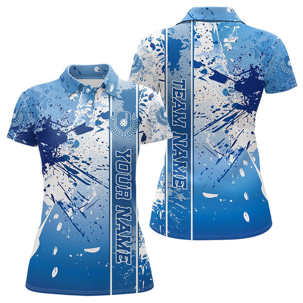 Blue And White Splatter Custom Pickleball Polo Shirts For Women, Pickleball Team Uniform, Pickleball Polo Shirts