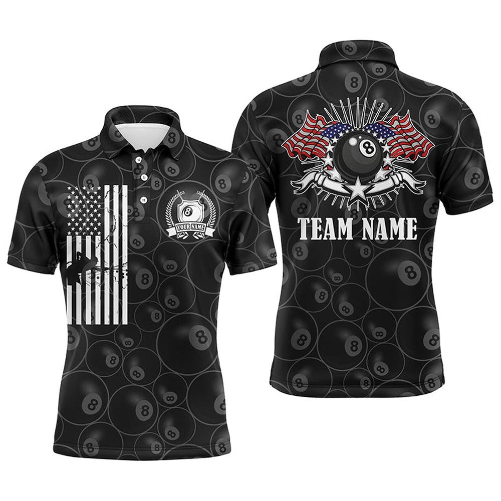 Customized Billiards Polo Shirts, 8 Ball Billiards Pattern American Flag Patriotic Shirts, Personalized Billiard Polo Shirt