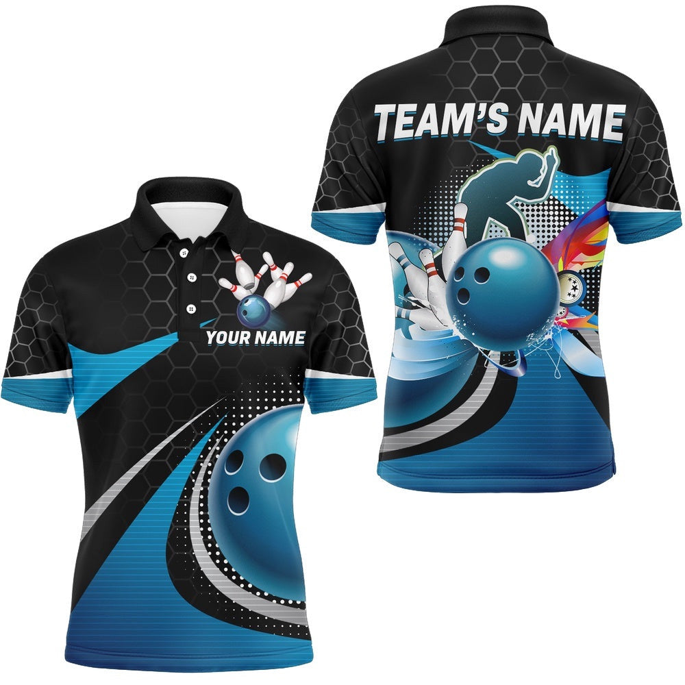 Blue Bowling League Shirt Men Bowling Team Polo Shirt Custom Bowling Polo Shirt, Personalized Bowling Team Shirt