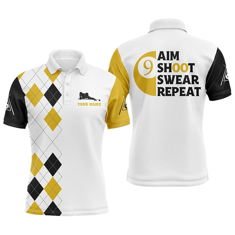 Customized Aim Shoot Swear Repeat 9 Ball Pool Yellow Billiards Team Shirts, Personalized Billiard Polo Shirt