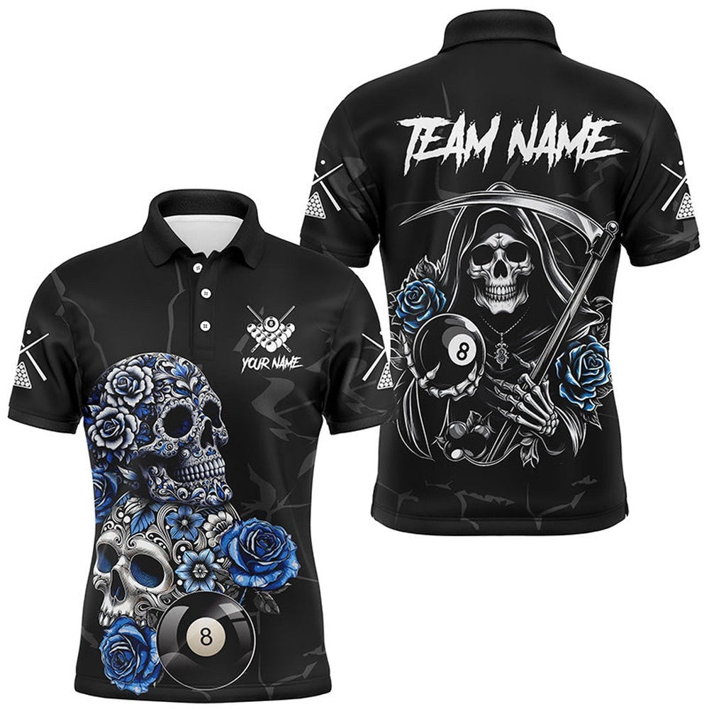 Funny Blue Skull Roses 8 Ball Billiard Shirts Custom Pool Team Shirts Designs, Personalized Billiard Polo Shirt
