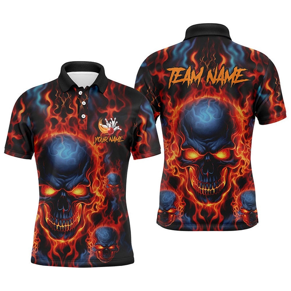 Flame Skull Bowling Polo Shirts For Men With Custom Names, Team Bowling Polo Shirt Bowler Outfit, Personalized Bowling Team Shirt
