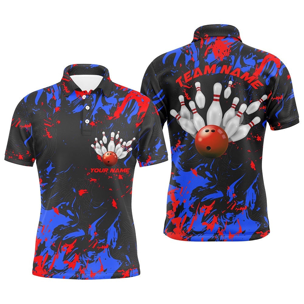 Blue And Red Camo Bowling Team Shirts Custom Men Polo Shirts Bowling League Shirts, Personalized Bowling Team Shirt