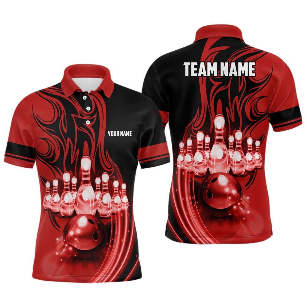 Bowling Ball And Pins Red Light Custom Team League Bowling Polo Shirt Polo Shirts For Men, Personalized Bowling Team Shirt
