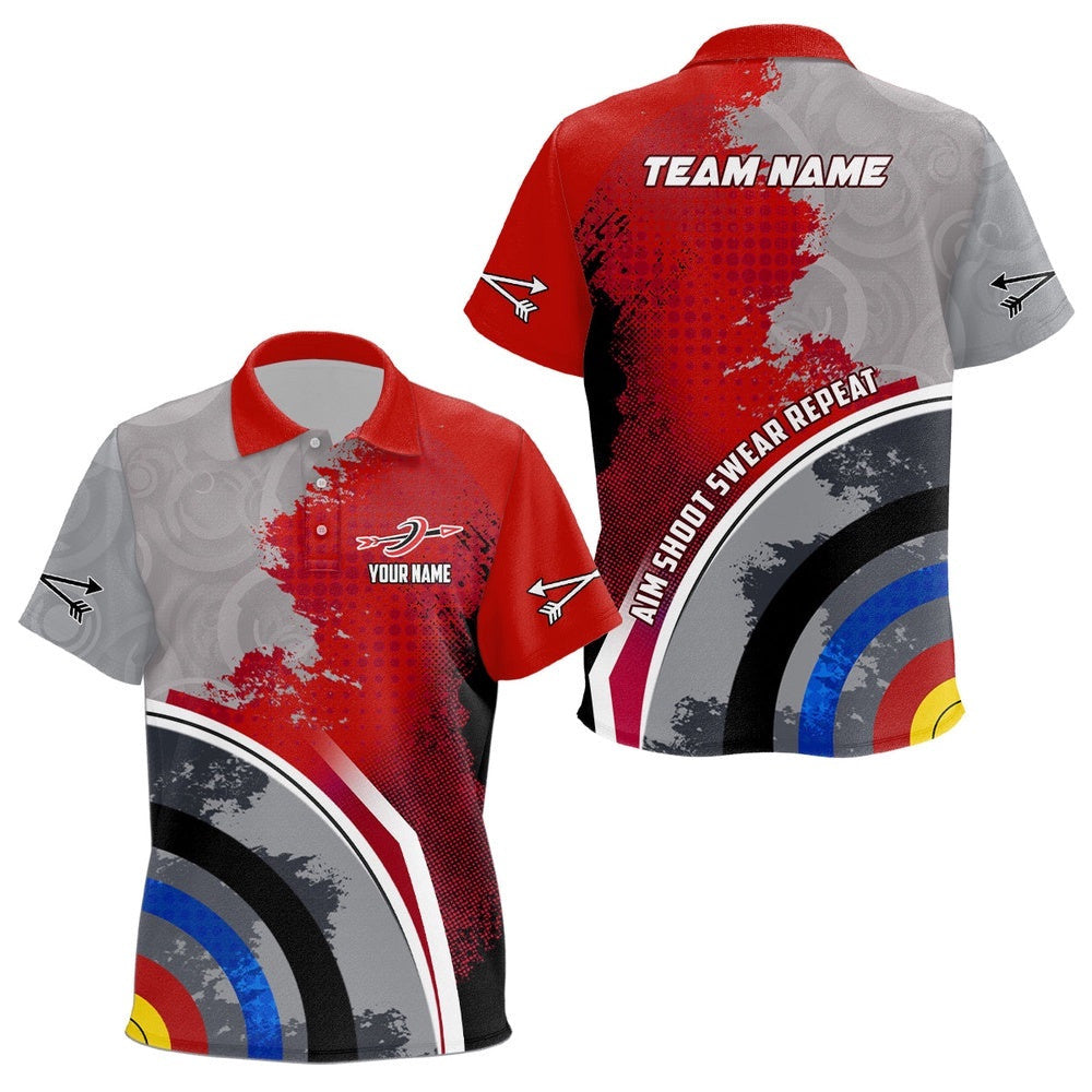 Aim Shoot Swear Repeat Archery Polo Shirts, Red Grey Target Archery Shirts, Custom Archery Team Polo Shirt