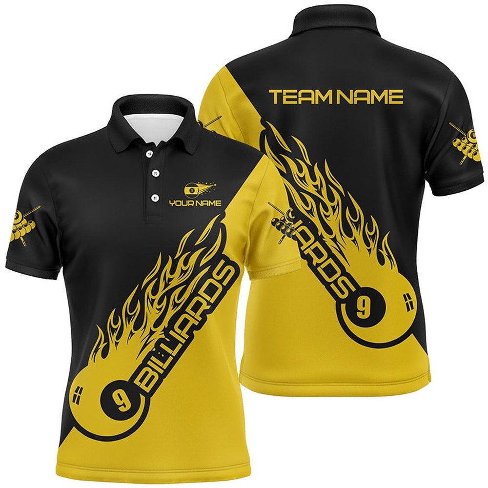 9 Ball Pool Back Yellow Name Billiard Shirts Custom Billiards Team Shirts, Personalized Billiard Polo Shirt