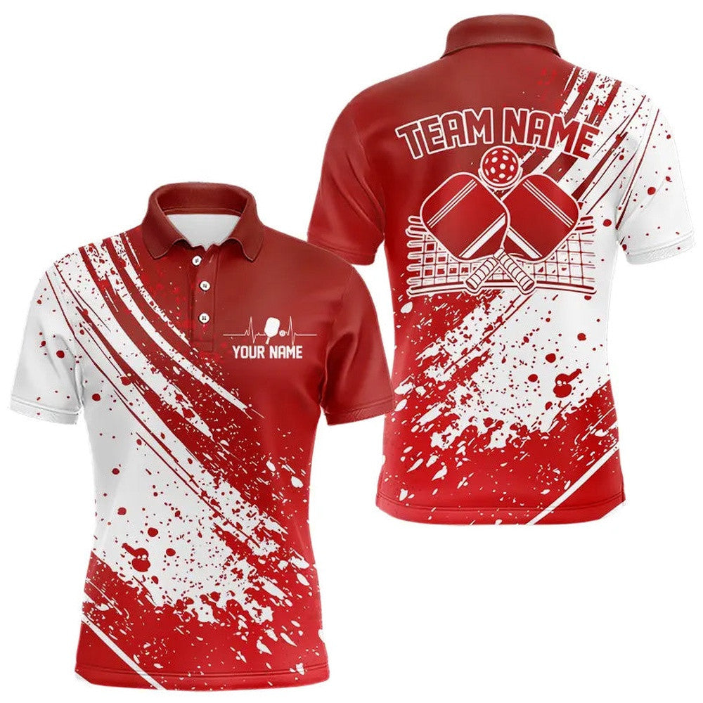 Custom Red And White Pickleball Polo Shirts For Men, Pickleball Heartbeat Pulse Line Shirt, Pickleball Polo Shirts