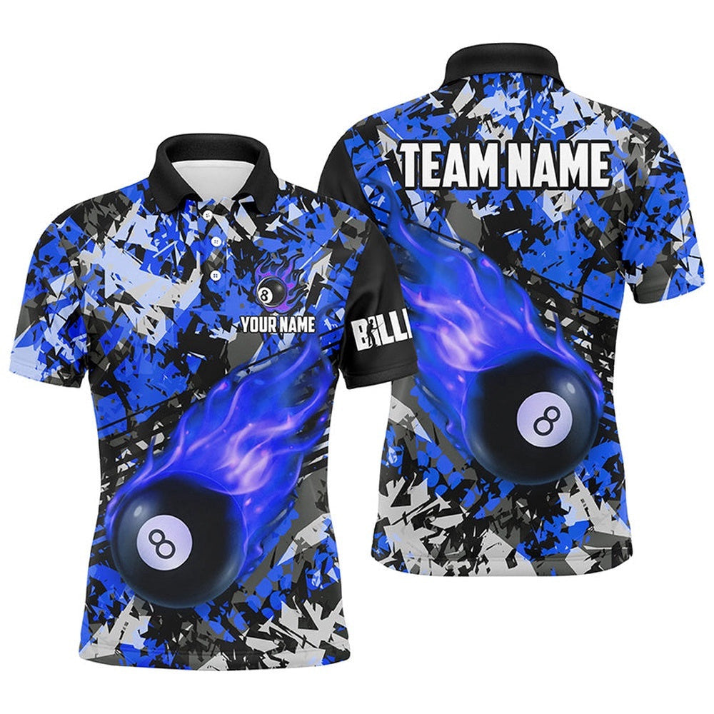 Blue Billiard Ball 8 Fire Flame Polo Shirt Custom 8 Ball Pool Billiard Team Polo, Personalized Billiard Polo Shirt
