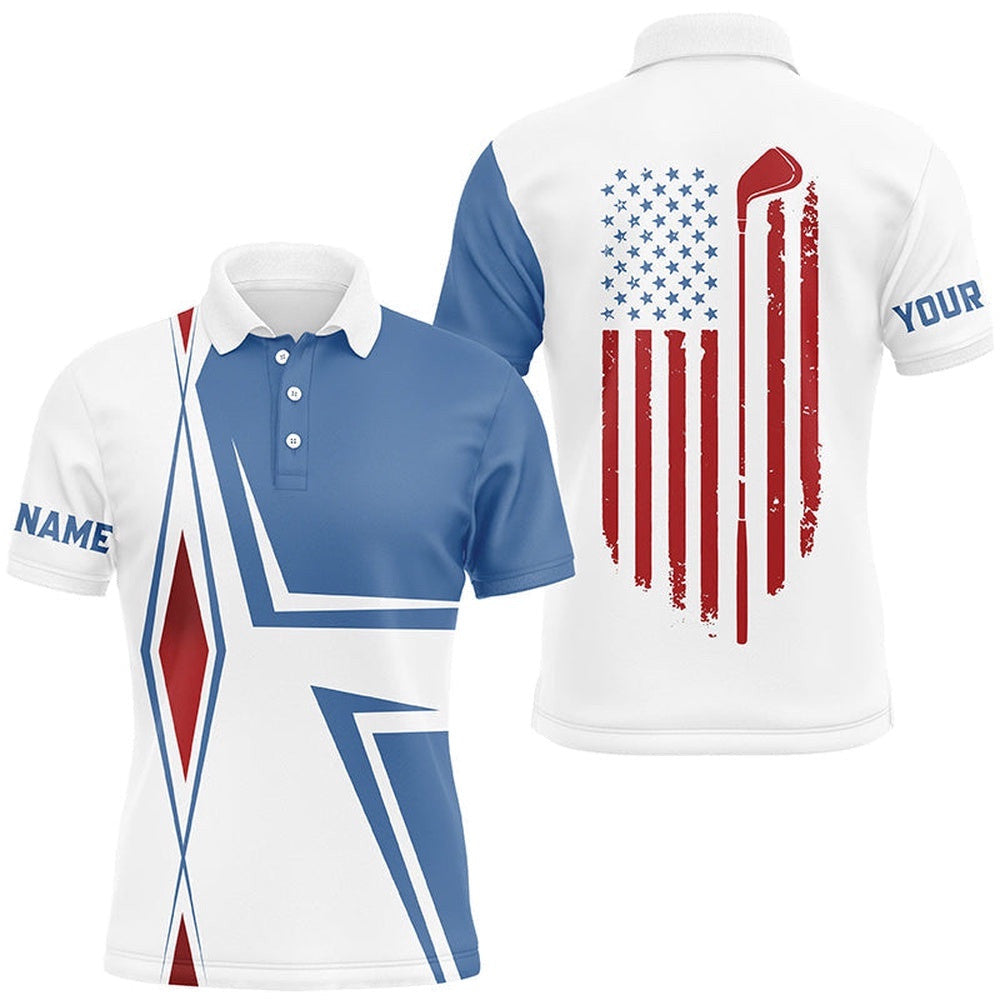 American Flag White Men's Golf Polo Shirts Custom Golf Club Patriotic Team Shirt, Golf Attire For Men, Golf Polo Shirt, Golf Shirts