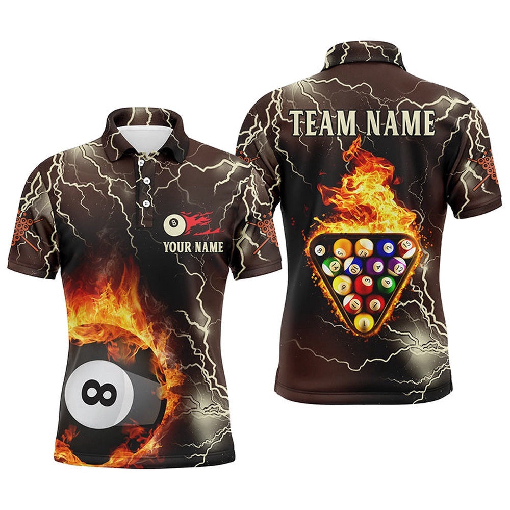 Fire Flame Lightning Billiard Balls 3D Polo Shirts, Custom 8 Ball Pool Shirts, Personalized Billiard Polo Shirt