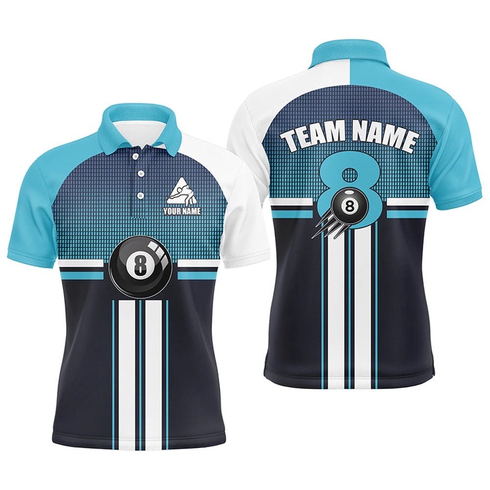 Billiard 8 Ball Light Blue Gradient 3D All Over Print Billiards Team Shirts, Personalized Billiard Polo Shirt