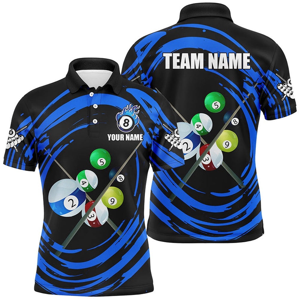 Blue Billiard Balls & Cue Wave Pattern Polo Shirts Custom Billiard Polo Attire, Personalized Billiard Polo Shirt