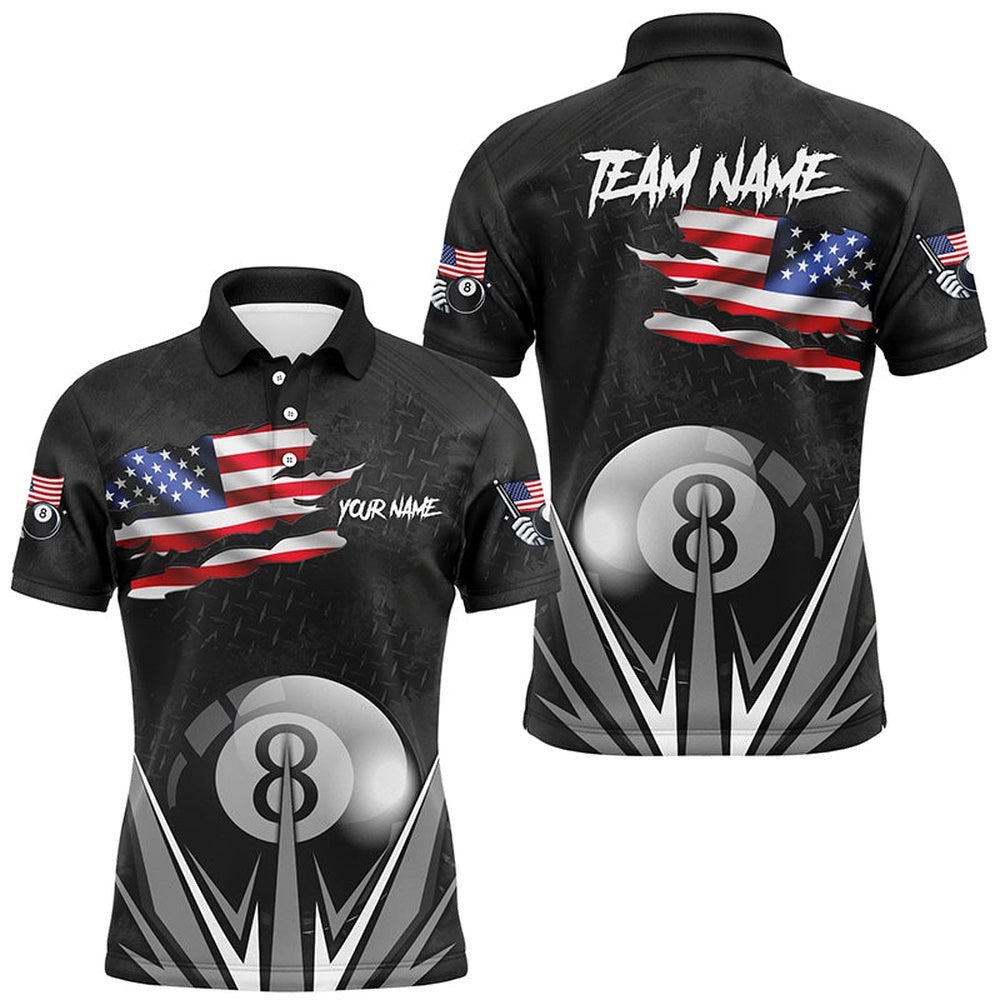 American Flag 8 Ball Pool Custom Name Black Billiard Polo, Patriotic Billiard Shirts, Personalized Billiard Polo Shirt