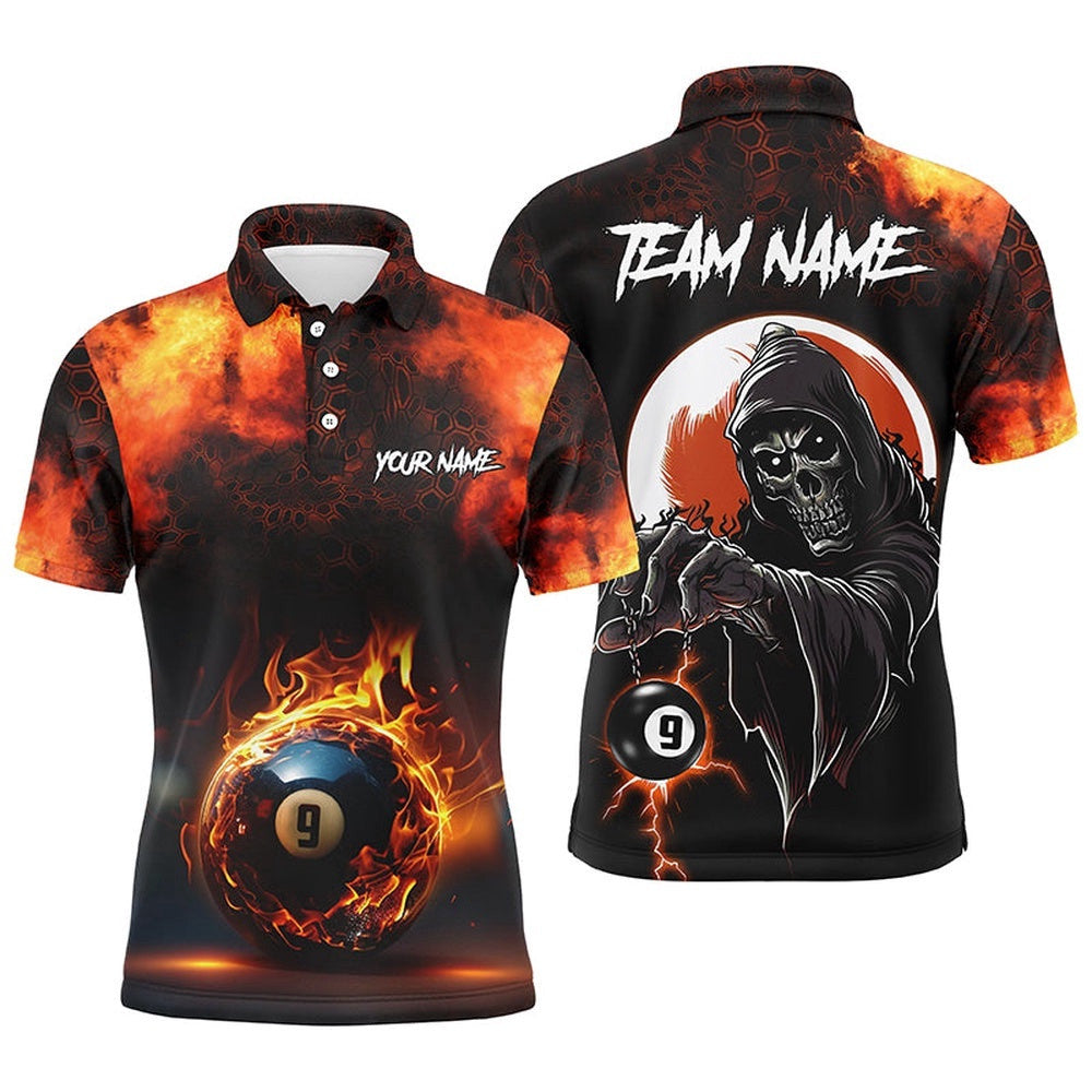 Flame 9 Ball Pool Billiard Polo Shirts Custom Skull Billiard Team Shirts, Personalized Billiard Polo Shirt