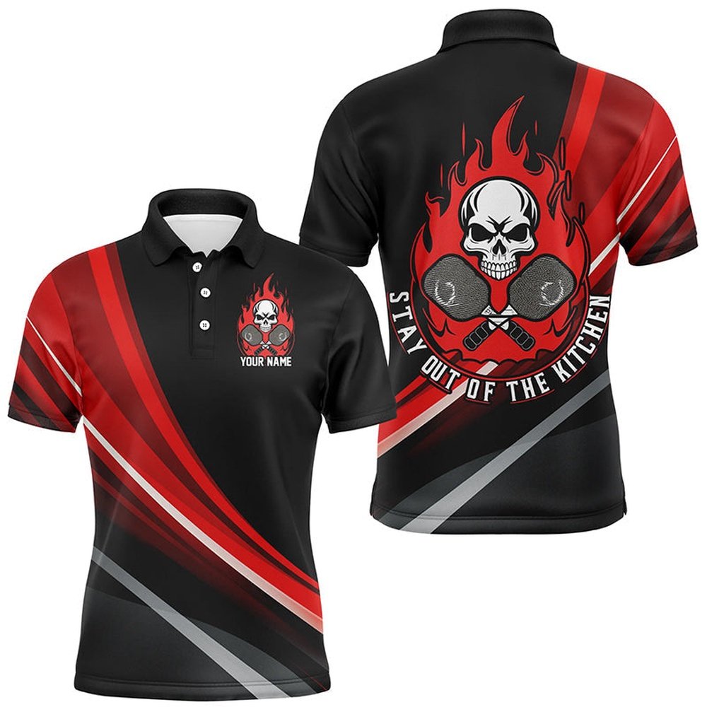 Custom Skull Men's Pickleball Polo Shirts, Stay Out Of The Kitchen Pickleball Attire Red, Pickleball Polo Shirts