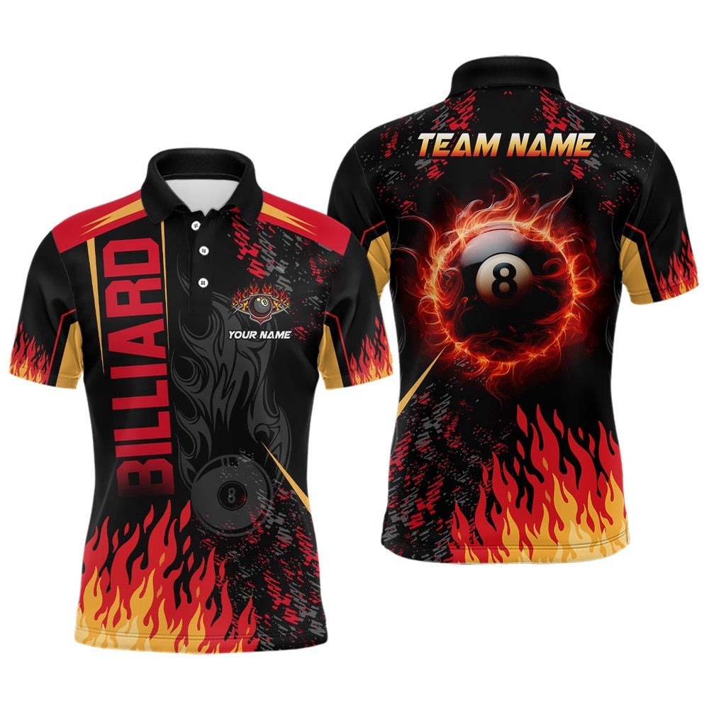 Customized Billiard Ball 8 Flame 3D Printed Polo Shirts Custom Billiard Attire Idea For Player, Personalized Billiard Polo Shirt