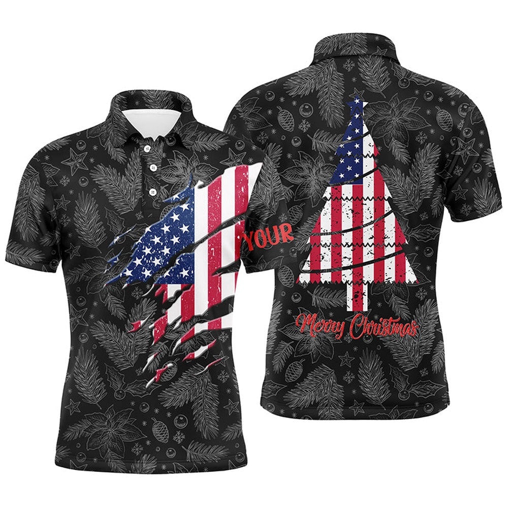 American Flag Christmas Men's Golf Polo Shirt Custom Retro Patriotic Golf Shirts For Men Golf Gifts, Golf Polo Shirt, Golf Shirts