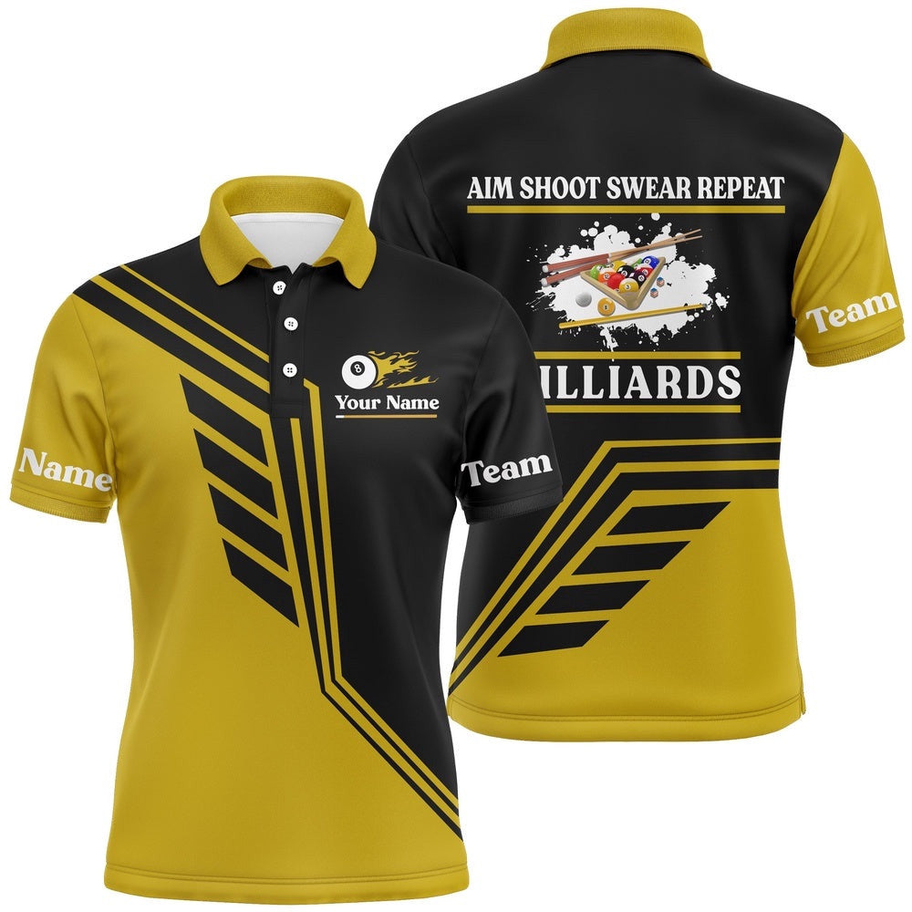 Aim Shoot Swear Repeat Yellow Black Billiard Polo, Personalized Billiard Polo Shirt