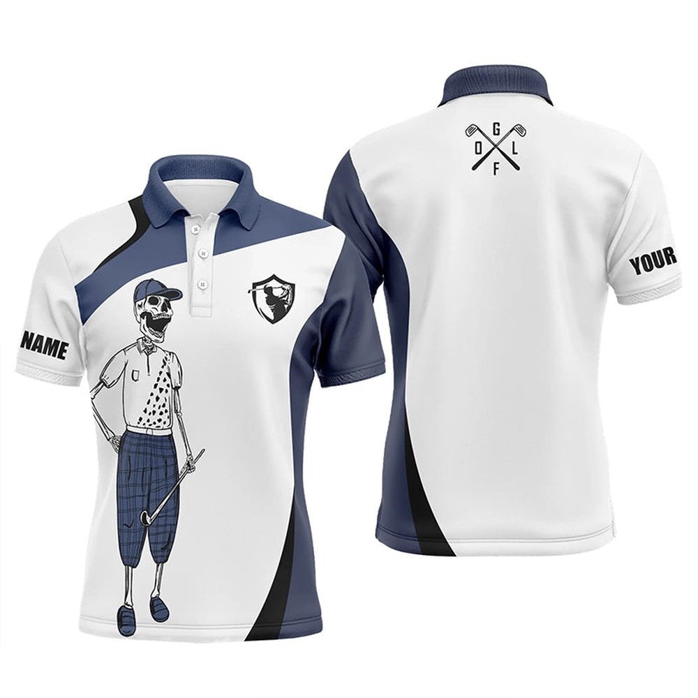 Blue And White Men's Golf Polos Shirts Custom Name Funny Golf Skull Golf Shirt, Golfing Gift For Him, Golf Polo Shirt, Golf Shirts