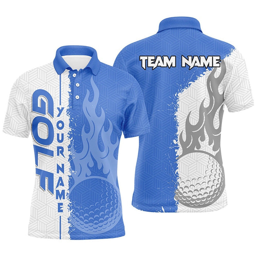 Blue And White Flame Golf Ball Custom Men's Best Men's Golf Wear For Team, Golf Polo Shirt, Golf Shirts