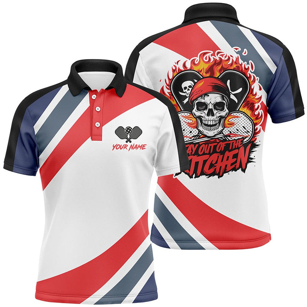 Custom Skull Pickleball Polo Shirts For Men, Pickleball Men Attire Stay Out Of The Kitchen, Pickleball Polo Shirts