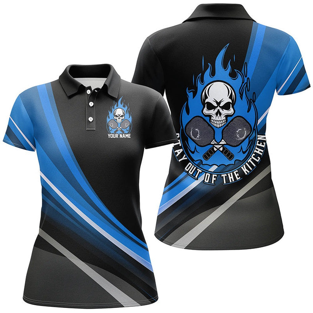 Custom Skull Women's Pickleball Polo Shirts Stay Out Of The Kitchen Pickleball Blue, Pickleball Polo Shirts