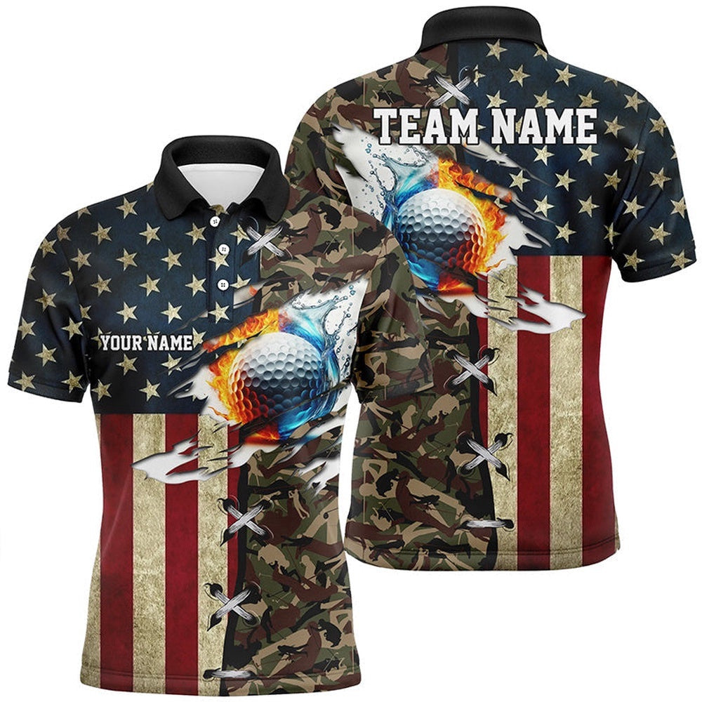 American Flag Camo Men's Golf Polo Shirts Custom Fire Water Golf Ball Team Golf Shirts, Golf Polo Shirt, Golf Shirts