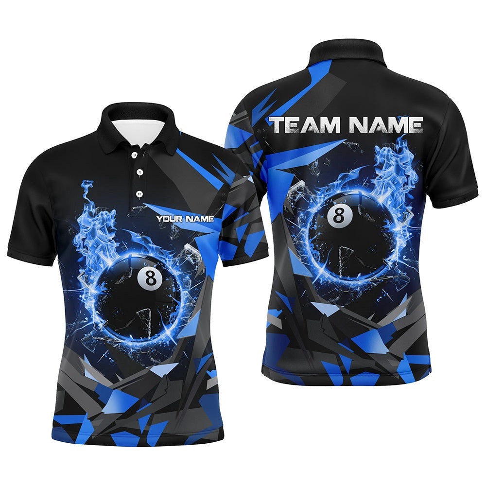 Blue 8 Ball Pool Fire Break Glass Custom Billiard Shirts Team League Billiard Polo, Personalized Billiard Polo Shirt