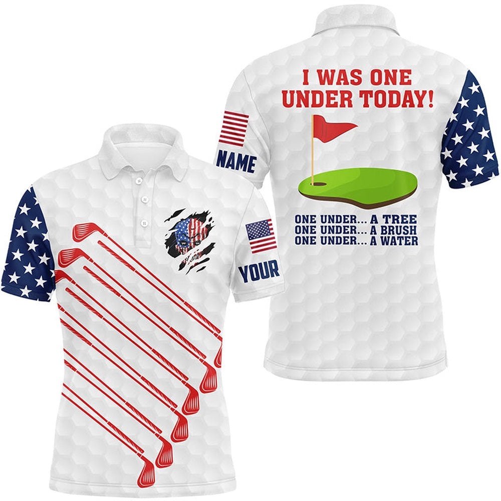 American Flag Golf Clubs Custom Men's Golf Polo Shirt I Was One Under Today One Under A Tree Bush Water, Golf Polo Shirt, Golf Shirts