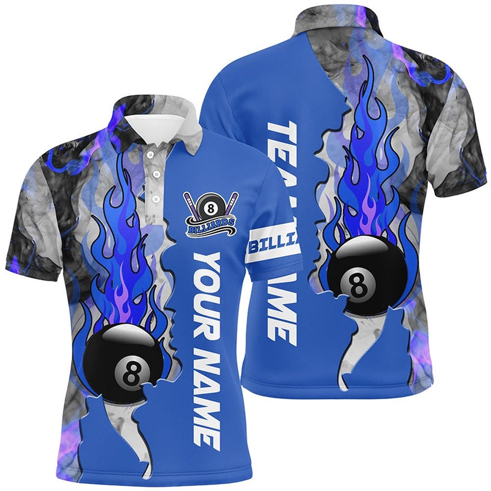 8 Ball Fire Smoke Billiard's Shirts Blue Version Custom Pool Team Polo Shirts, Personalized Billiard Polo Shirt