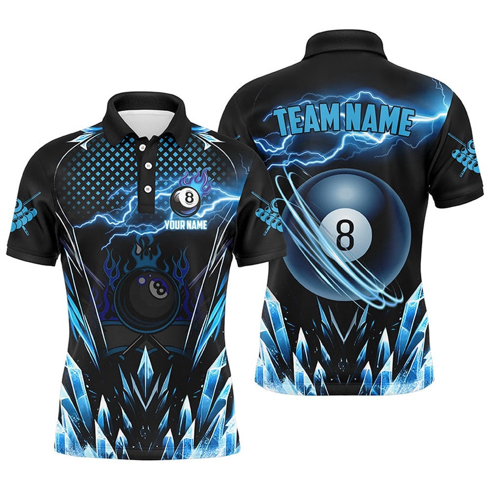 Blue Icy Lightning 8 Ball Pool Polo Shirts Custom Billiard Team League Polo, Personalized Billiard Polo Shirt