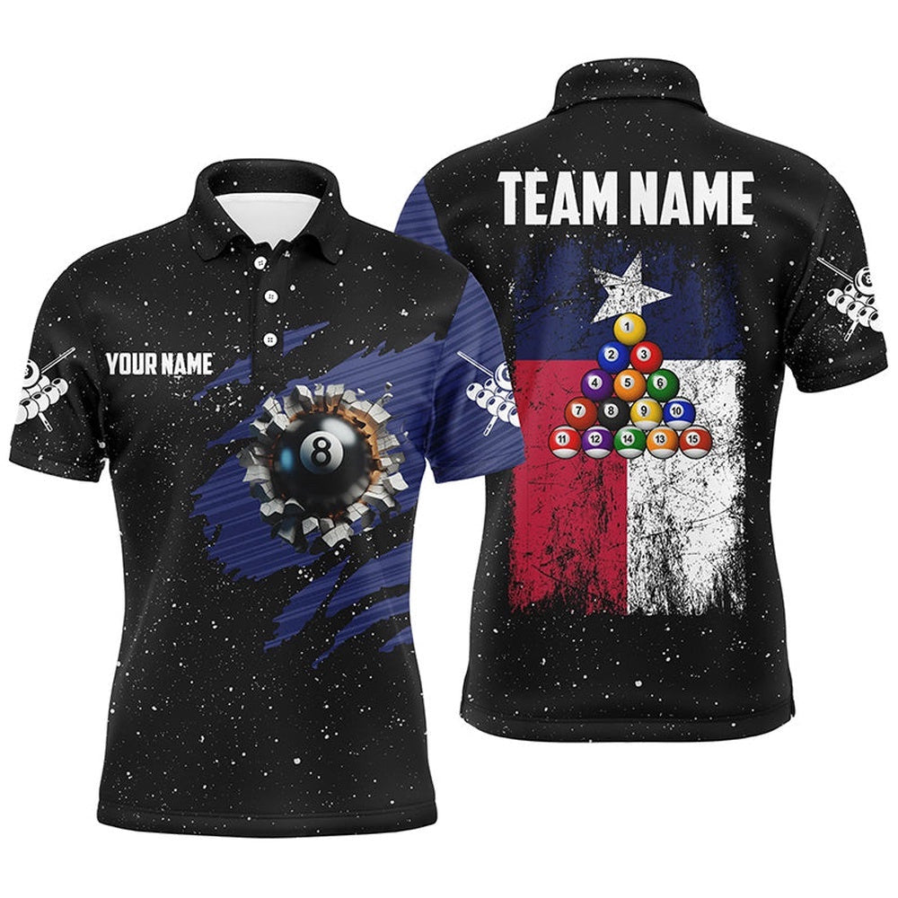 Customized Grunge Texas Flag 8 Ball Pool Billiard Polo Shirts, Patriotic Pool Player Shirts, Personalized Billiard Polo Shirt
