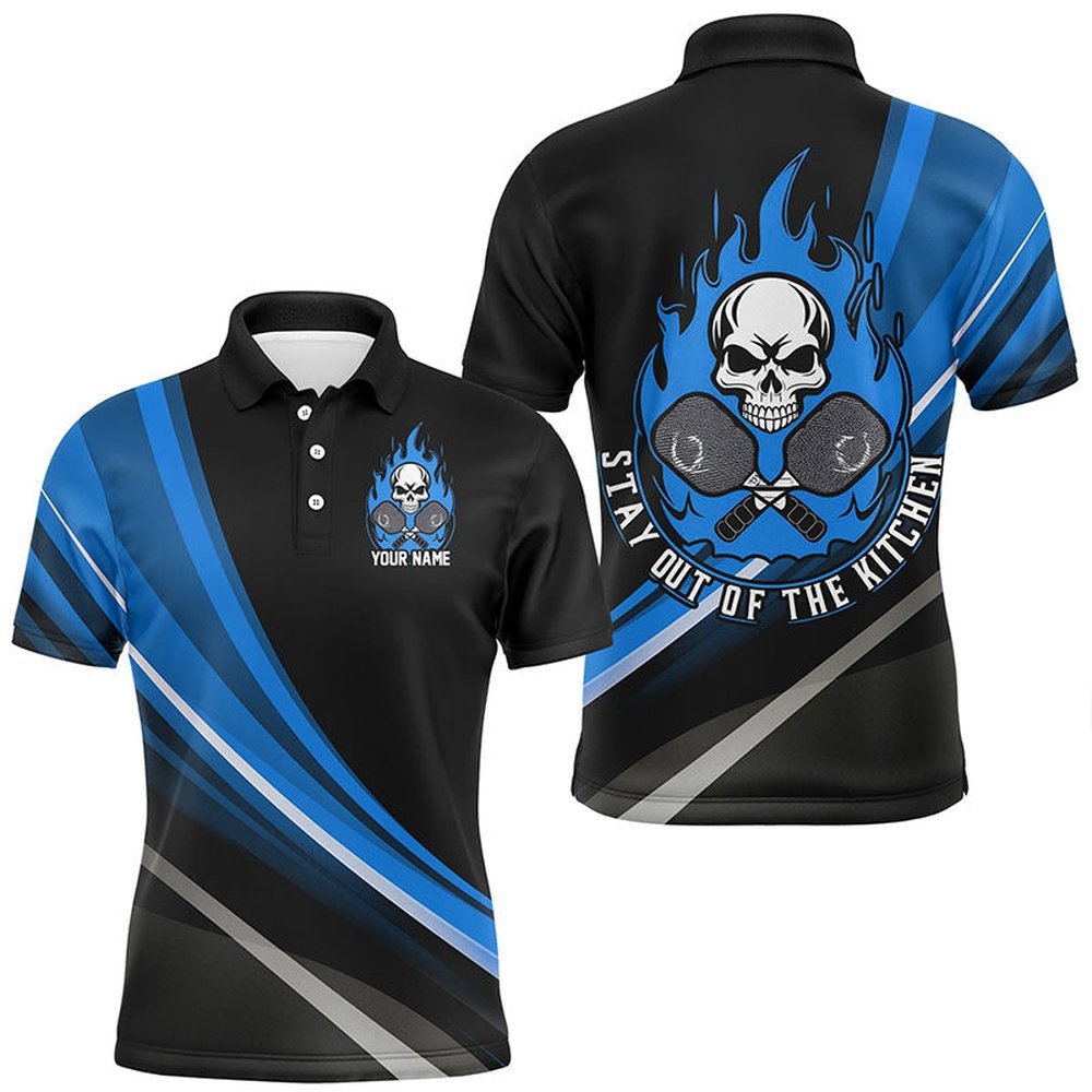 Custom Skull Men's Pickleball Polo Shirts, Stay Out Of The Kitchen Pickleball Attire Blue, Pickleball Polo Shirts