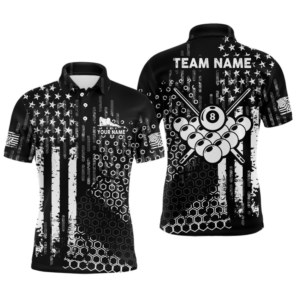 Billiard American Flag Vintage Grunge Name Full Printing Polo Shirts, Personalized Billiard Polo Shirt