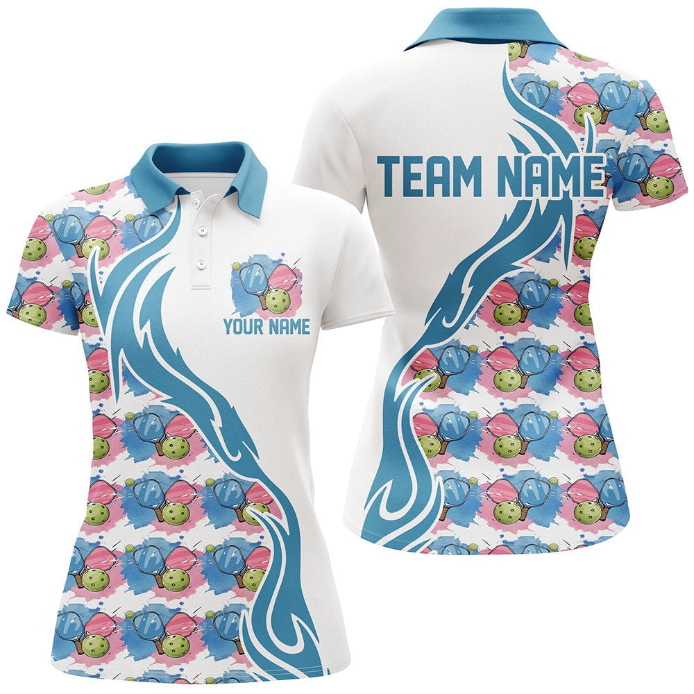 Custom Watercolor Pickleball Shirts For Women, Blue And Pink Pickleball Outfit For Teams, Pickleball Polo Shirts