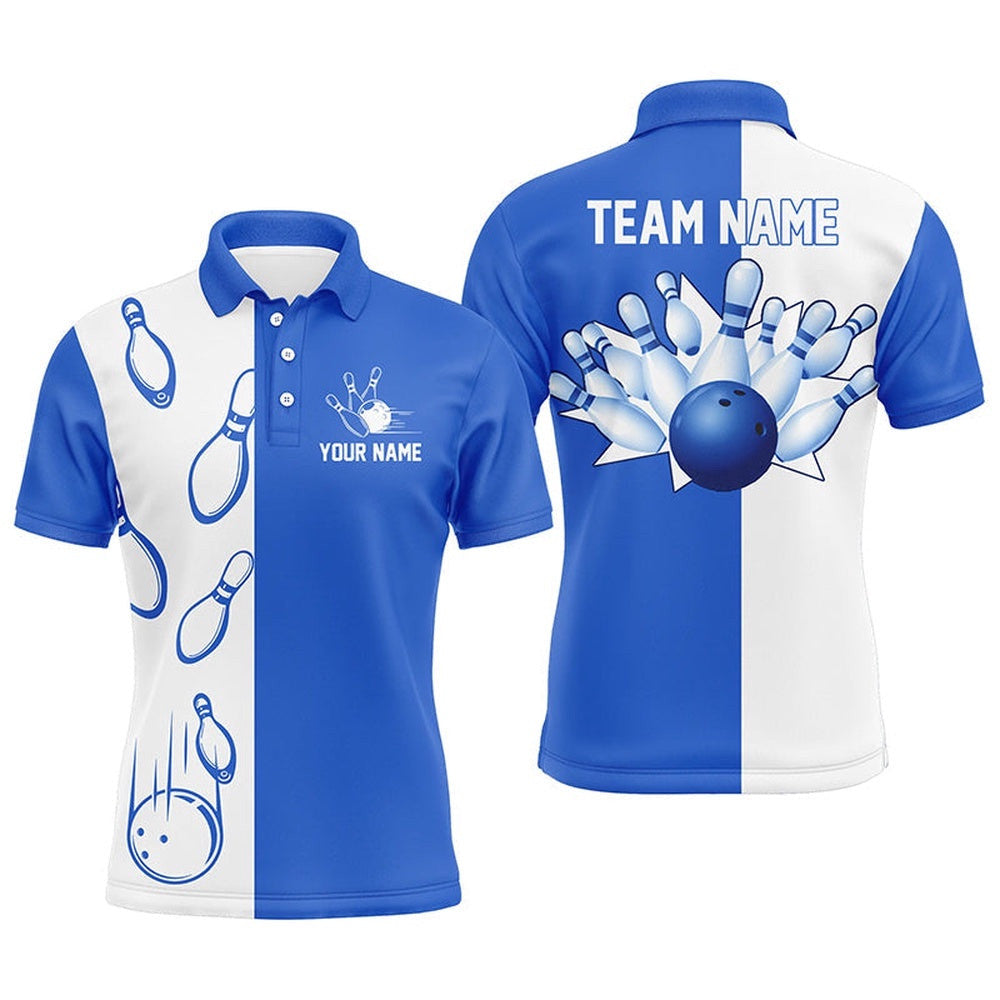 Blue And White Retro Vintage Bowling Polo Shirts For Men Custom Bowling Team Polo Shirt, Personalized Bowling Team Shirt