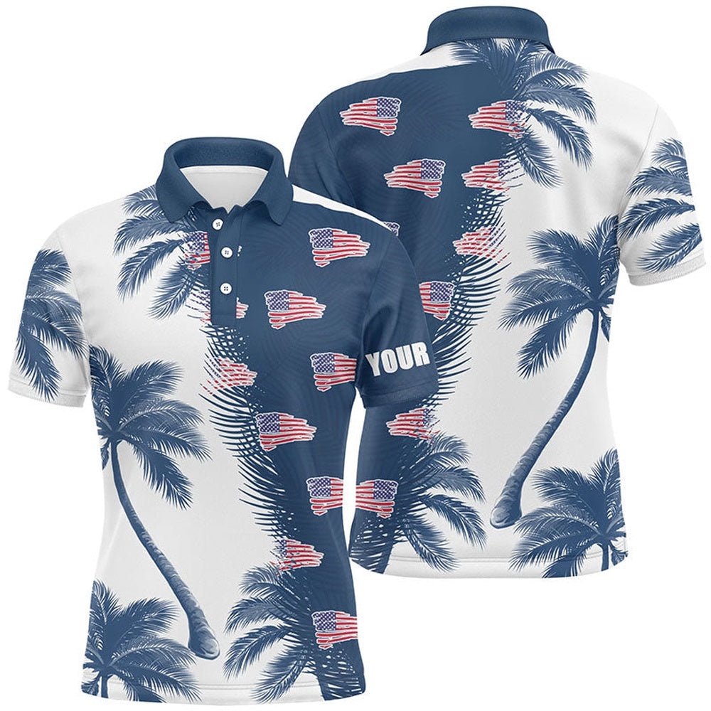 Blue And White Palm Tree Pattern American Flag Men's Golf Polo Shirts Personalized Golf Outfit Men, Golf Polo Shirt, Golf Shirts