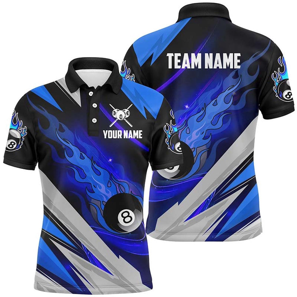 Blue Ball 8 Billiard Flame Polo Shirts Custom Team Name Billiard Polo, Personalized Billiard Polo Shirt