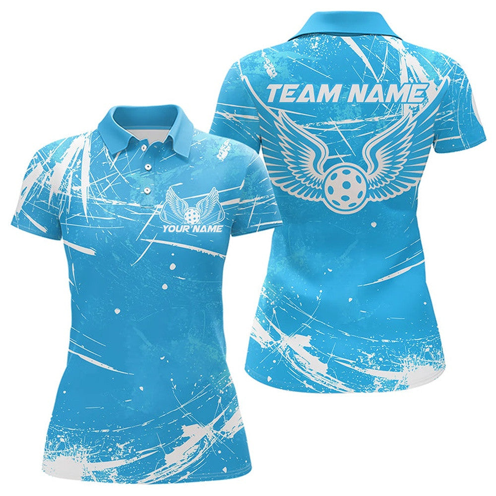 Blue And White Custom Pickleball Wings Polo Shirts For Women, Pickleball Tournament Shirt, Pickleball Polo Shirts