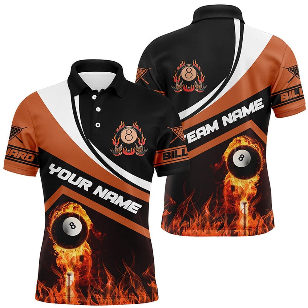 Customized Name Flaming 8 Ball 3D Custom Billiard 8 Ball For Team, Personalized Billiard Polo Shirt