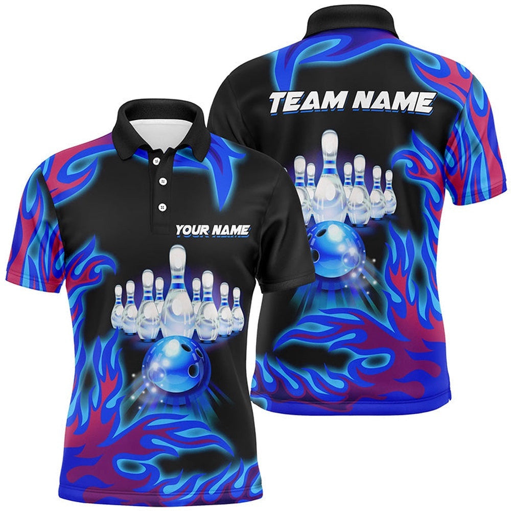 Blue Flame Bowling Team Polo Shirt, Mens Polo Bowling Shirts Bowling League, Personalized Bowling Team Shirt