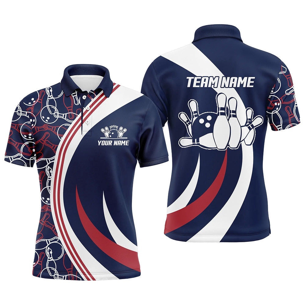 Blue&Red Bowling Polo Shirt For Men Custom Bowling Polo Shirt With Name Men's Bowling Team League Shirt, Personalized Bowling Team Shirt