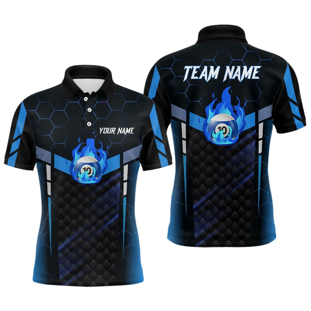 Blue Fire 10 Ball Billiard 3D Polo Shirts, Custom 10 Ball Pool Team Polo, Personalized Billiard Polo Shirt
