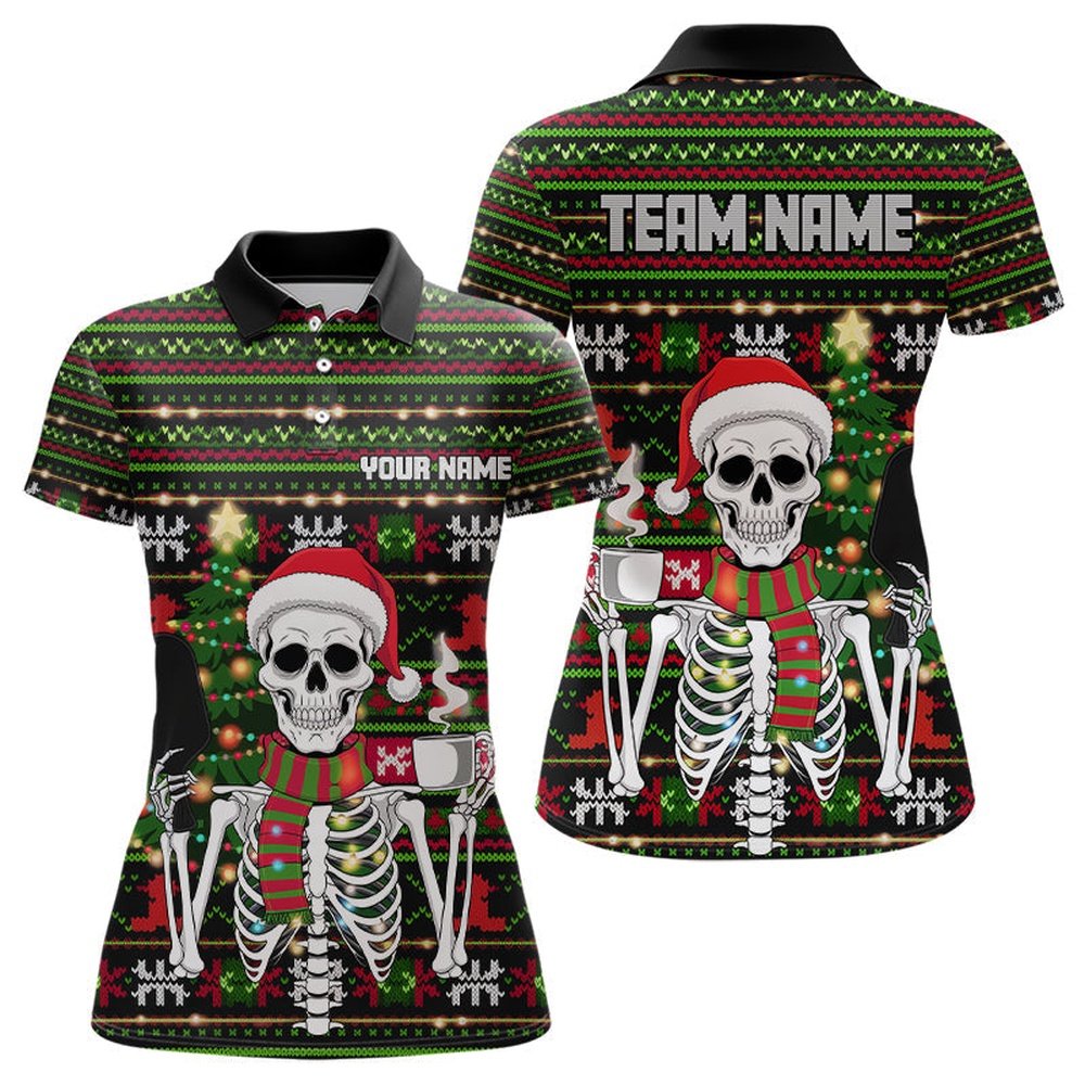 Custom Ugly Sweater Pattern Skull Christmas Pickleball Polo Shirts For Women, Pickleball Polo Shirts